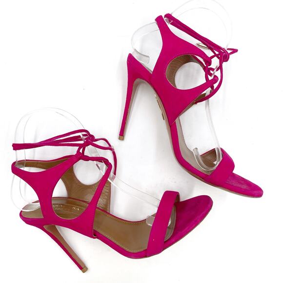 Aquazzura Colette Sandals Pink Suede Heels Ankle Wrap Tie Open Toe Sz 36.5 / 6.5 - Picture 3 of 12